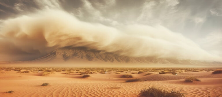 L'immagine mostra una tempesta in un deserto arido.